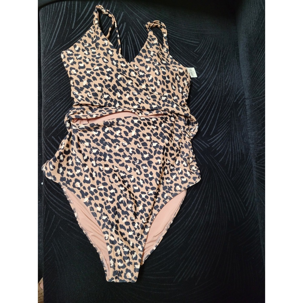 Aerie Leopard Print Wrap Front Cutout One Piece Swimsuit Tan Black Medium NWT